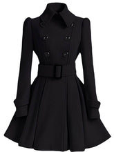 Aurohaya Elegant Woolen Coat with Double Breasted Button, Belt, and Ruffled Hem for Women Casual & Chic Fall/Winter Outerwear
